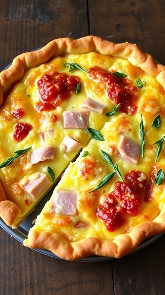 A golden ham and cheese quiche with a flaky crust, garnished with herbs, on a wooden table.